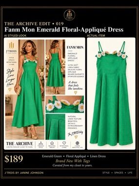 Fanm Mon Emerald Green Floral-Appliqué Midi Dress